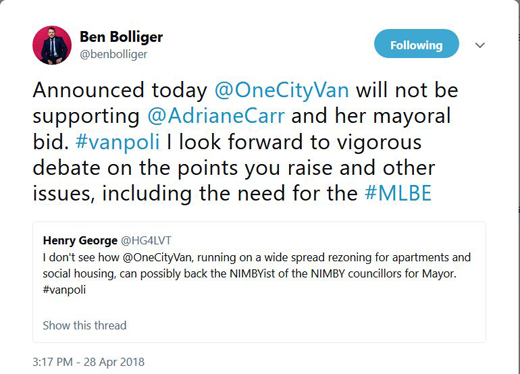 OneCity Vancouver Announces that it will NOT SUPPORT Adriane Carr's bid to become Mayor