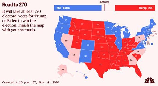 The U.S. electoral map, as of 4:26pm Wednesday, November 4, 2020