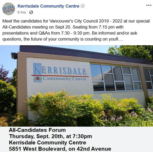 Kerrisdale Community Centre All-Candidates Forum, September 20, 2018