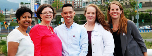 OneCity Vancouver candidates Jennifer Reddy, Erica Jaaf, Brandon Yan, Carrie Bercic and Christine Boyle