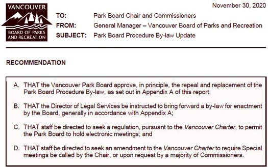 Vancouver Park Board Procedural Motion, December 7 2020