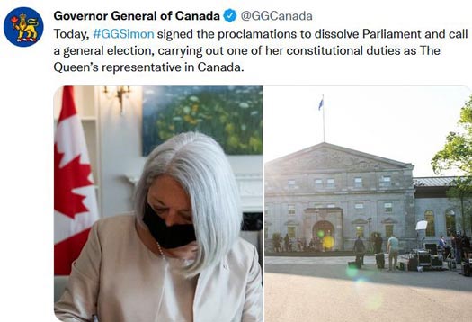 Canada's Governor General Mary Simon signs the Writ that will see Canadians going to the polls